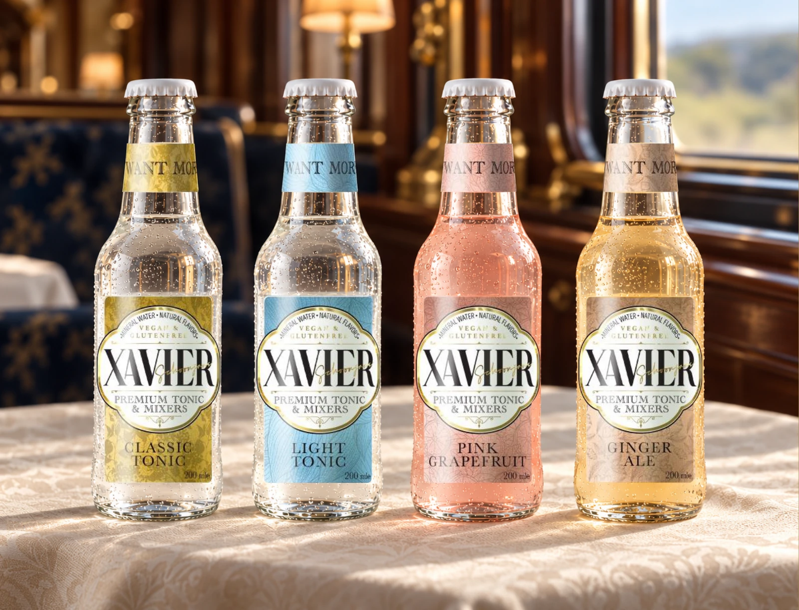 XAVIER Classic Tonic, Light Tonic, Pink Grapefruit ve Ginger Ale şişeleri